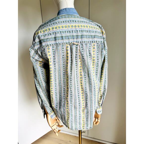 Vintage 80s Cottage Core Western Blouse Chambray Size Small Made USA Yellow Blue - Picture 9 of 10